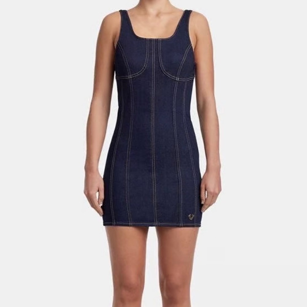 True Religion Womens Denim Mini Dress Dark Wash Contrast Stitch Blue Large
